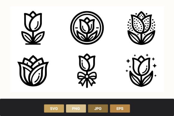 Black White Tulip Flower Icon Set: Elevating Minimalist Design