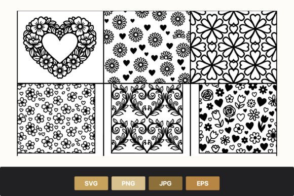 Floral Hearts Black and White Patterns