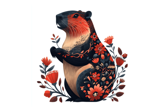 Folk Art Beaver Floral Art Print PNG