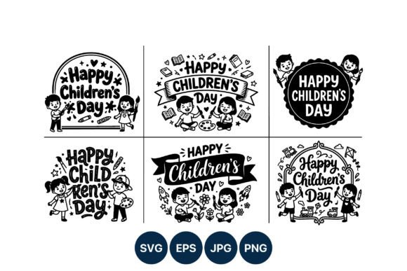 Happy Childrens Day Black White Vector