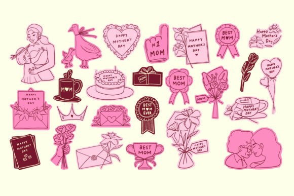 Mother Day Pink Doodle Element Set