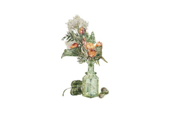 Watercolor Bouquet in Green Glass Vase