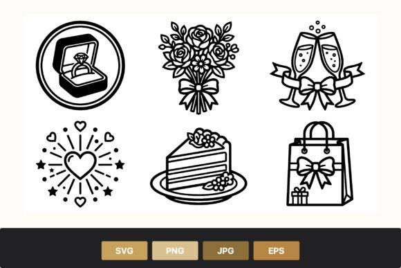 Wedding Icons Black White Line Art